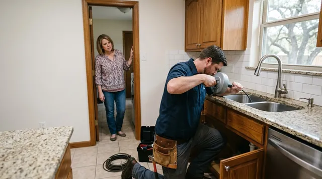 A plumber in a navy work shirt kneels at a kitchen sink and feeds a drain auger cable into the drain, with a coiled cable and tool box on the tile floor beside him while the homeowner watches from the doorway.